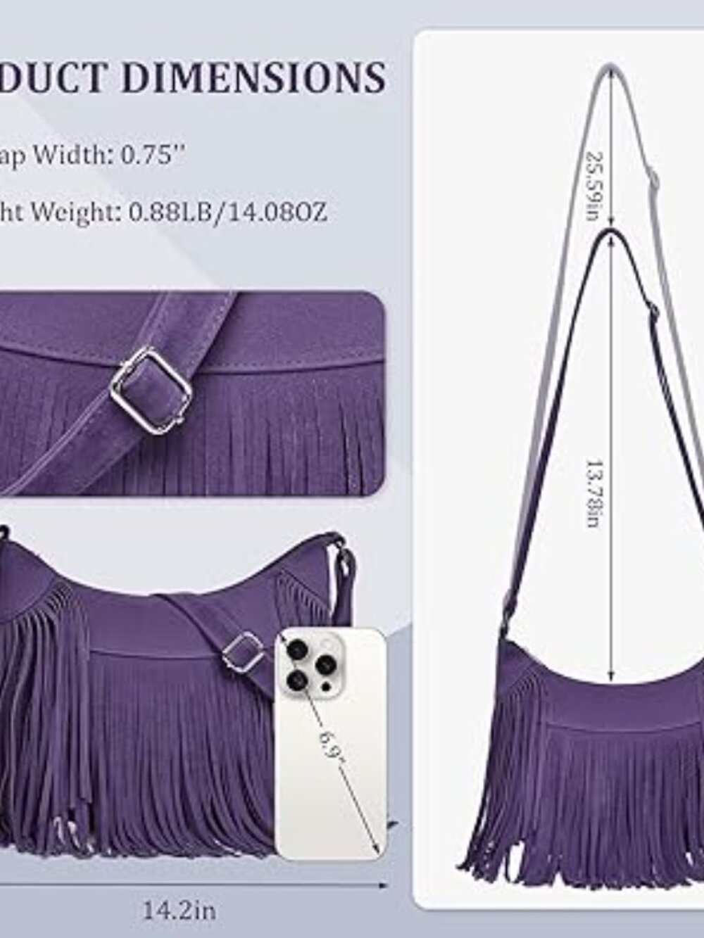 Boho Hobo Crossbody Bag Fringe‎ Tassel Western PU Leather Purse Purple - Picture 4 of 6